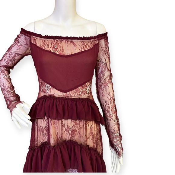 Vintage style Red Ruffles Mesh Patchwork Maxi Dress - Picture 5 of 8